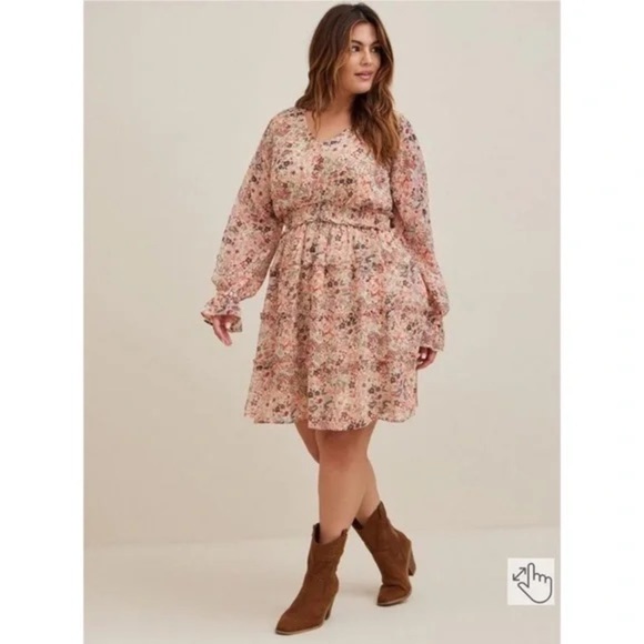 TORRID Multi Fall Floral/Leaf Colored Mini Tiered Chiffon Lurex Dress, Sz 6,EUC. - Picture 13 of 15